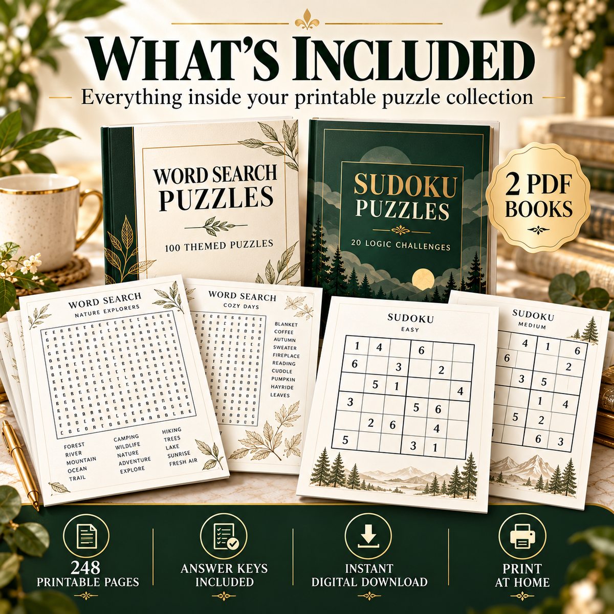 Illustrative product contents — two puzzle books, solutions and PDF downloads