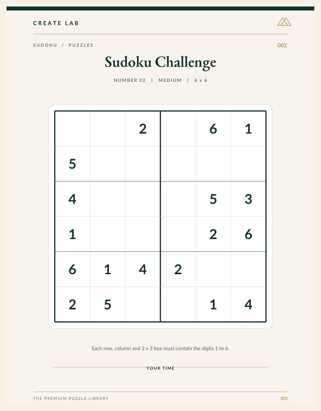 Actual 6 by 6 Sudoku puzzle worksheet included in the downloadable PDF