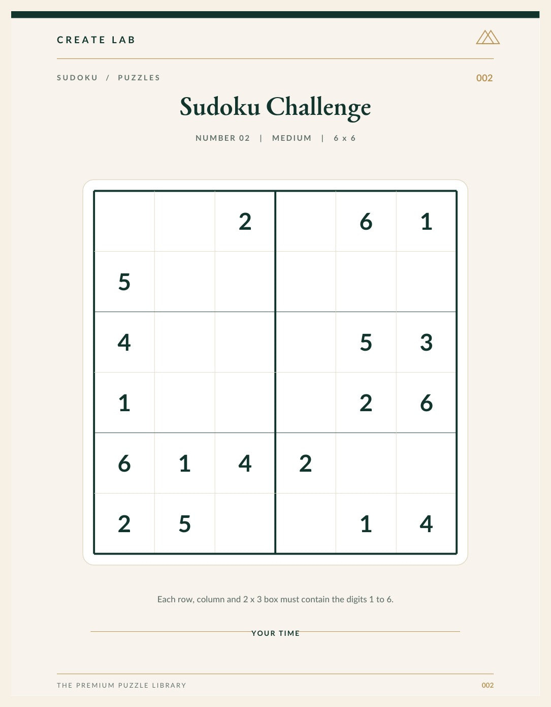 Actual 6 by 6 Sudoku puzzle worksheet included in the downloadable PDF